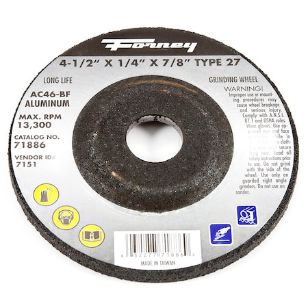 Forney Grinding Wheel, Aluminum, Type 27, 4-1/2 in x 1/4 in x 7/8 in 71886